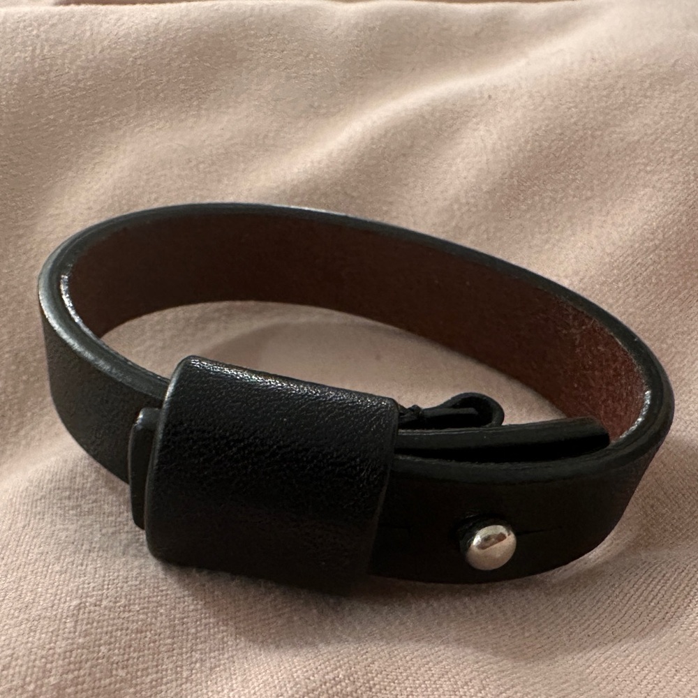 Black Leather Bracelet with Silver Hardware
